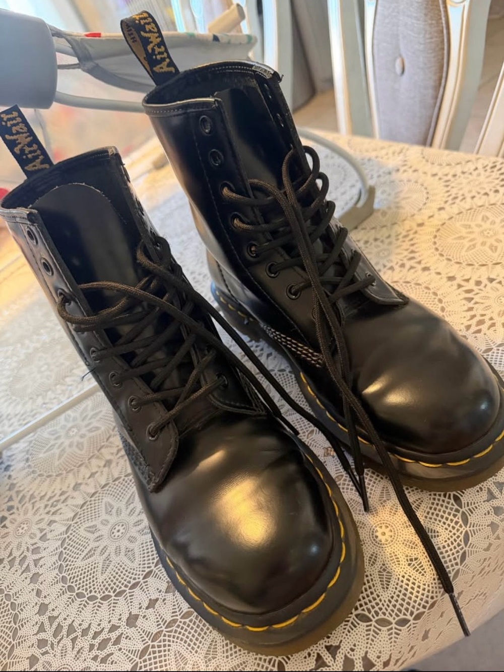 Dr. Martens Black Leather Combat Boots with Yellow Stitching
